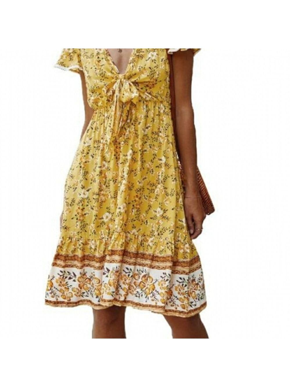 SUPREME Mid length Yellow floral Short Sleeve Prairie dress Size Small NWT
